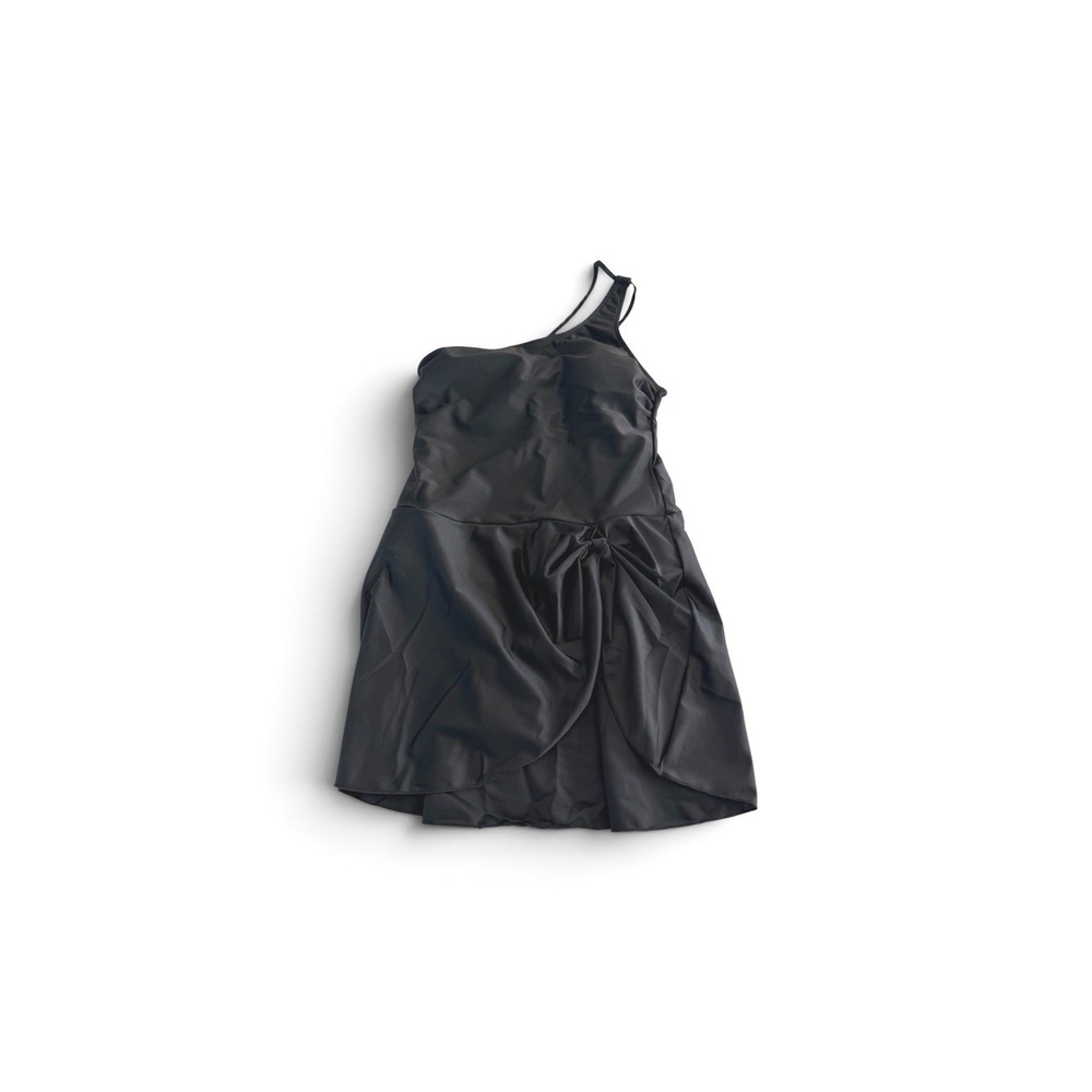Womens Black‎ One Shoulder Swim Dress Asymmetrical Knot Front Swimsuit Skirted